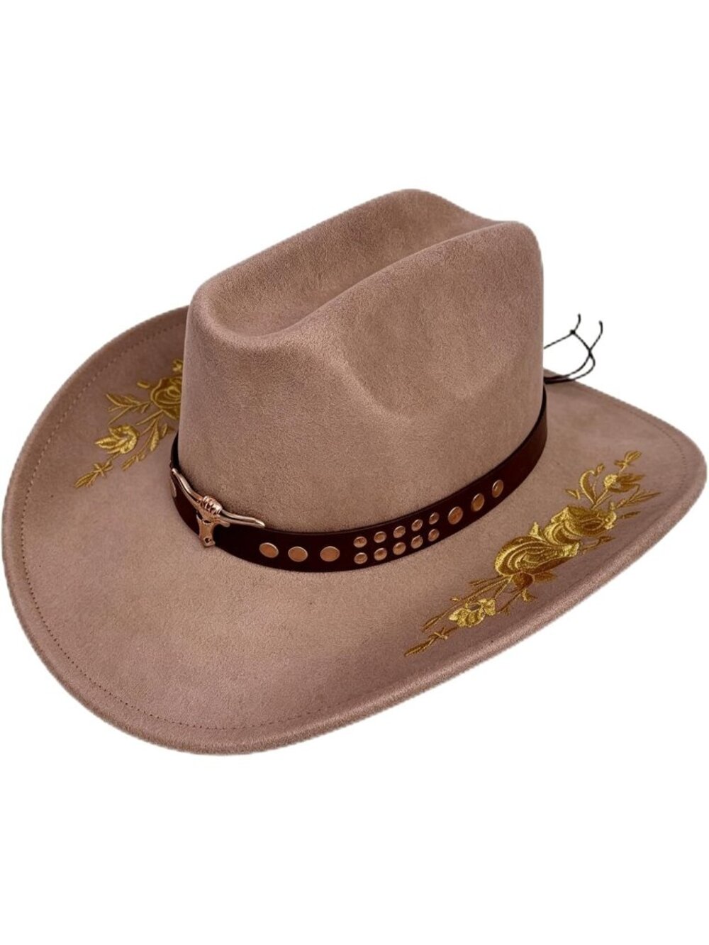 Unisex Khaki Floral Embroidery Wide Brim Rodeo Halloween Felt Party Hat